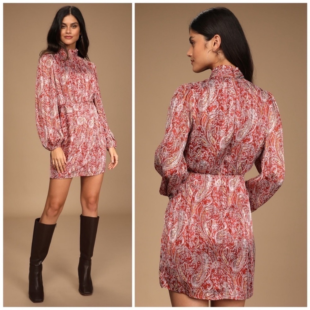NWT Lulus | Cocktail Hour Chic Rust Red
Paisley Print Long Sleeve Mini Dress